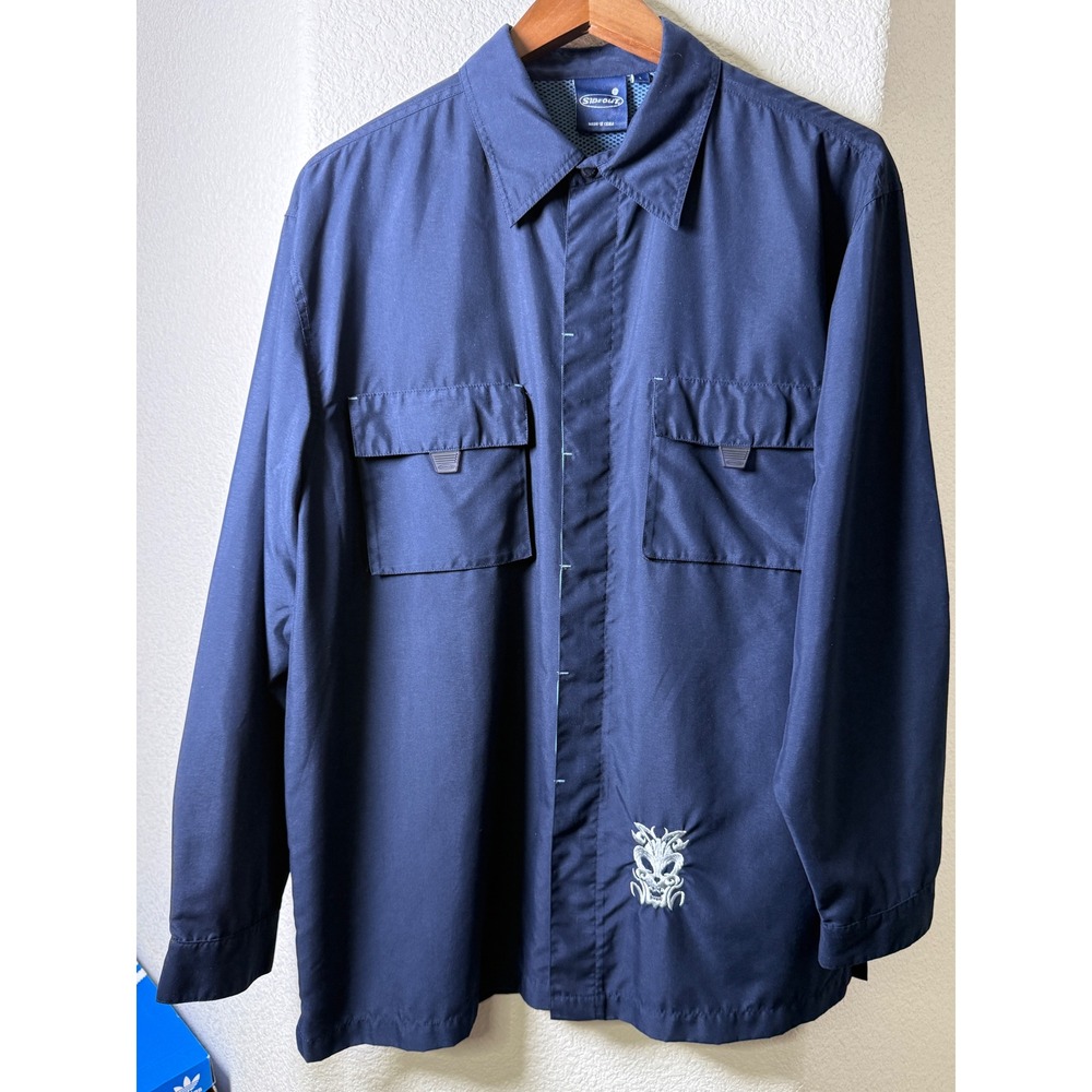 Y2K Sideout Tribal Dragon Shirt Jacket L Skate Surf Streetwear Navy Silver DRing